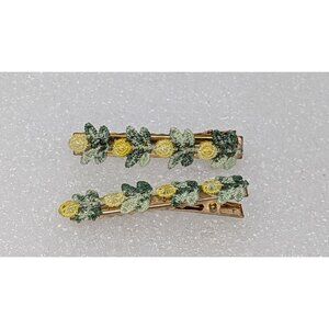 Vintage Embroidered Yellow Flower Floral Hair Clips Gold Tone Set Of 2